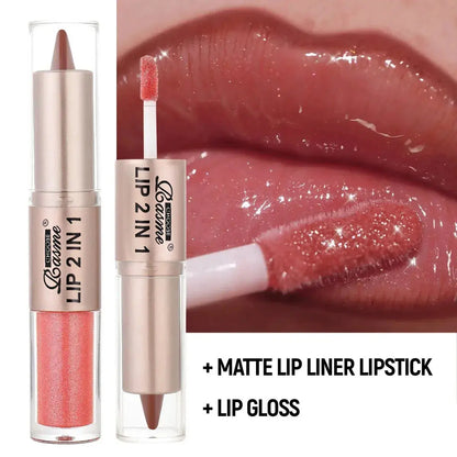 2IN1 Tapered Gradient Lipliner Pen Nude Brown Mirror Glass Lip Gloss Matte Lip Liner Waterproof Lip Contour Non Stick Makeup High Class Cosmetics