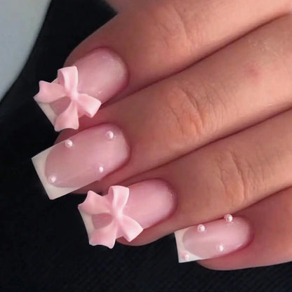 24pcs/set short square fake nails for women cute bride heart white french tips faux ongles y2k press on false nail supplies High Class Cosmetics