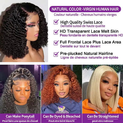 Curly Bob Wig 13x4 Lace Front Wigs Pre Plucked 250% Density Mongolian Glueless HD Kinky Curly Bob Lace Frontal Wigs Wet and Wavy High Class Cosmetics
