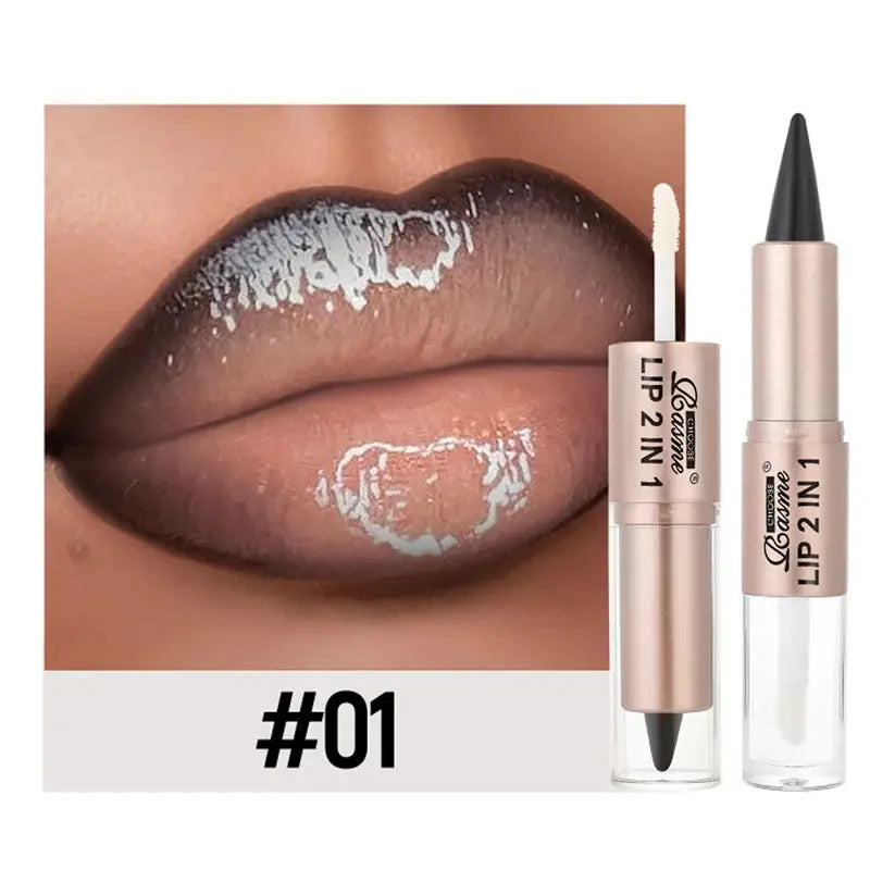 2IN1 Tapered Gradient Lipliner Pen Nude Brown Mirror Glass Lip Gloss Matte Lip Liner Waterproof Lip Contour Non Stick Makeup High Class Cosmetics
