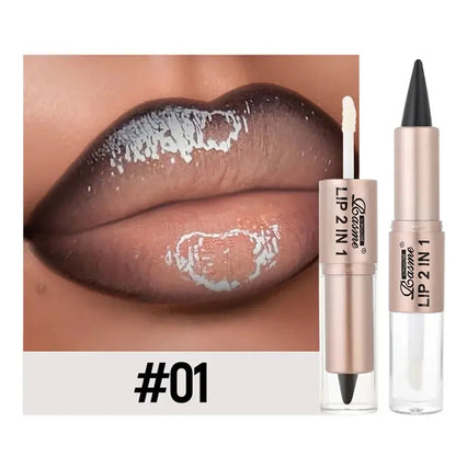 2IN1 Tapered Gradient Lipliner Pen Nude Brown Mirror Glass Lip Gloss Matte Lip Liner Waterproof Lip Contour Non Stick Makeup High Class Cosmetics