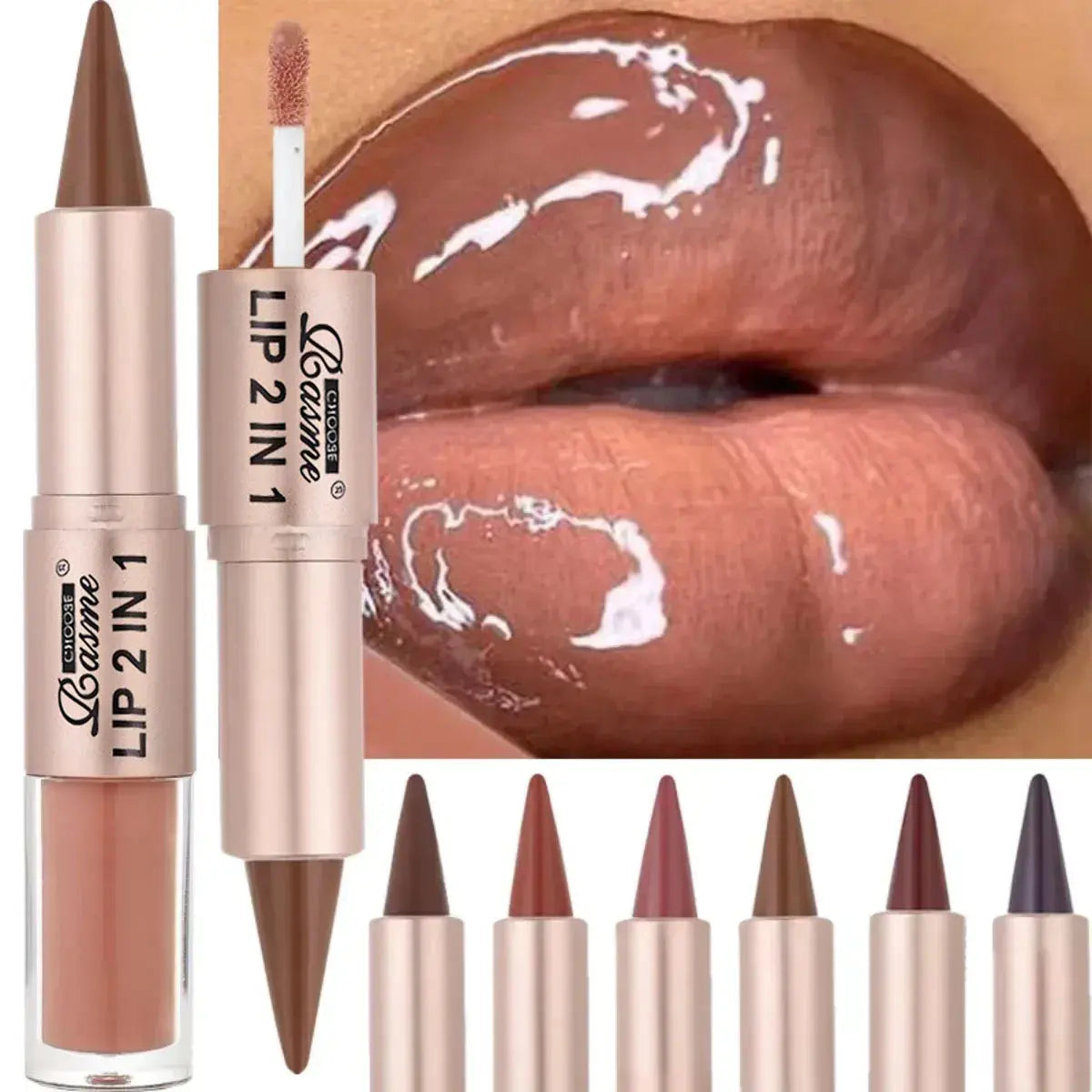 2IN1 Tapered Gradient Lipliner Pen Nude Brown Mirror Glass Lip Gloss Matte Lip Liner Waterproof Lip Contour Non Stick Makeup High Class Cosmetics