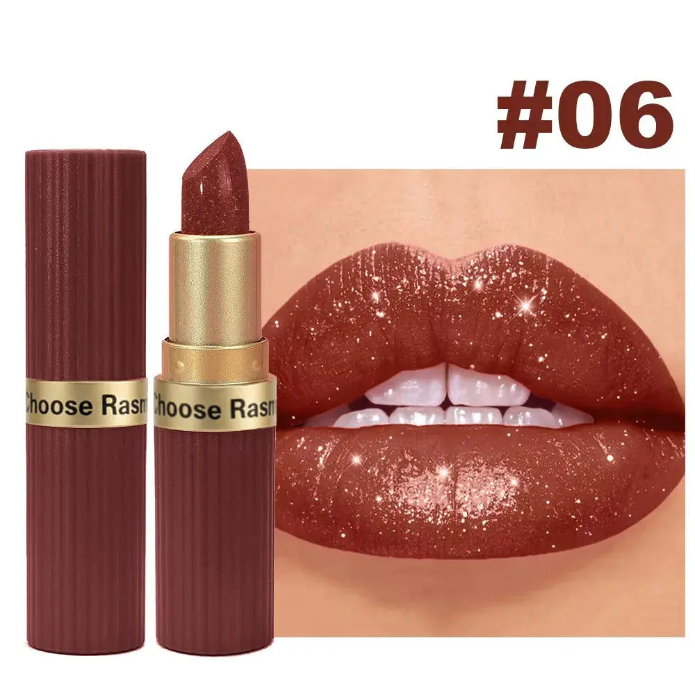 Pearlescent Pink Glitter Velvet Lipstick Metallic Waterproof Long Lasting Matte Shimmer Diamond Lipstick Women Makeup Cosmetic High Class Cosmetics