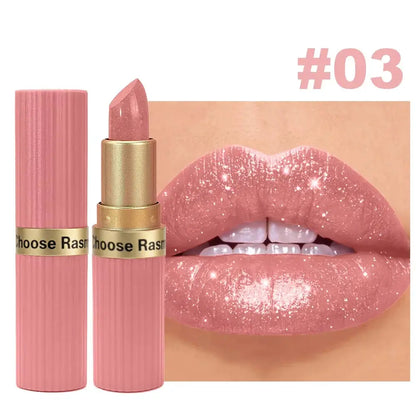Pearlescent Pink Glitter Velvet Lipstick Metallic Waterproof Long Lasting Matte Shimmer Diamond Lipstick Women Makeup Cosmetic High Class Cosmetics