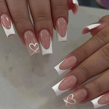 24pcs/set short square fake nails for women cute bride heart white french tips faux ongles y2k press on false nail supplies High Class Cosmetics