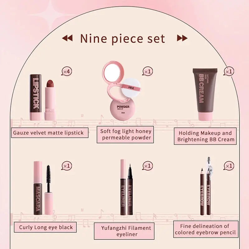 Gift Box 9-piece Lipstick Powder Mascara Eyebrow Pencil Set High Class Cosmetics