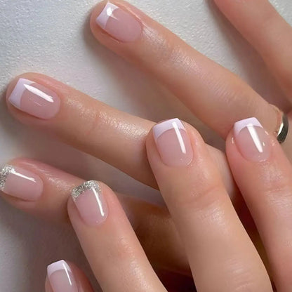 24pcs/set short square fake nails for women cute bride heart white french tips faux ongles y2k press on false nail supplies High Class Cosmetics