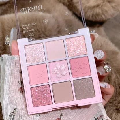 DIKALU 9-Color Sakura Eyeshadow Palette Glitter Matte Low Saturation Pink Brown Nude Makeup Shimmer Eye Pigments Long Lasting High Class Cosmetics