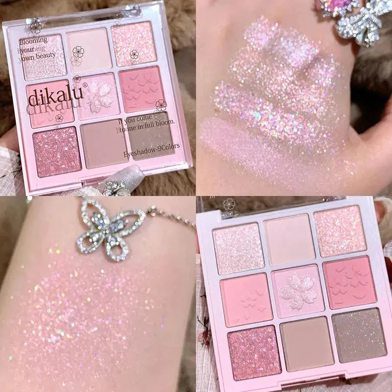 DIKALU 9-Color Sakura Eyeshadow Palette Glitter Matte Low Saturation Pink Brown Nude Makeup Shimmer Eye Pigments Long Lasting High Class Cosmetics
