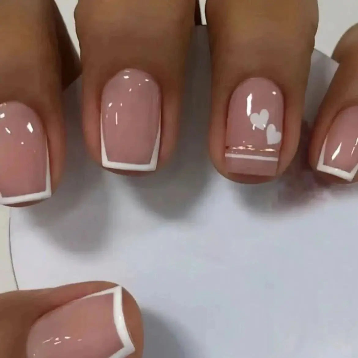24pcs/set short square fake nails for women cute bride heart white french tips faux ongles y2k press on false nail supplies High Class Cosmetics