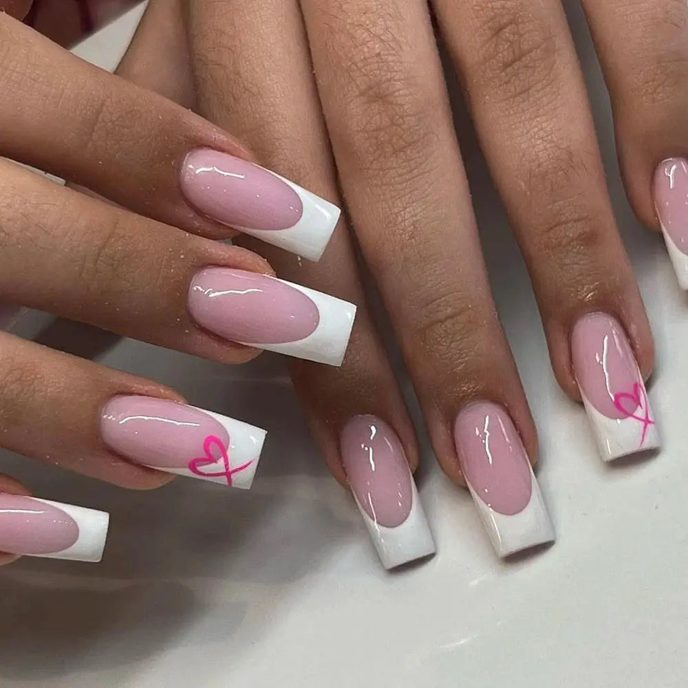 24pcs/set short square fake nails for women cute bride heart white french tips faux ongles y2k press on false nail supplies High Class Cosmetics